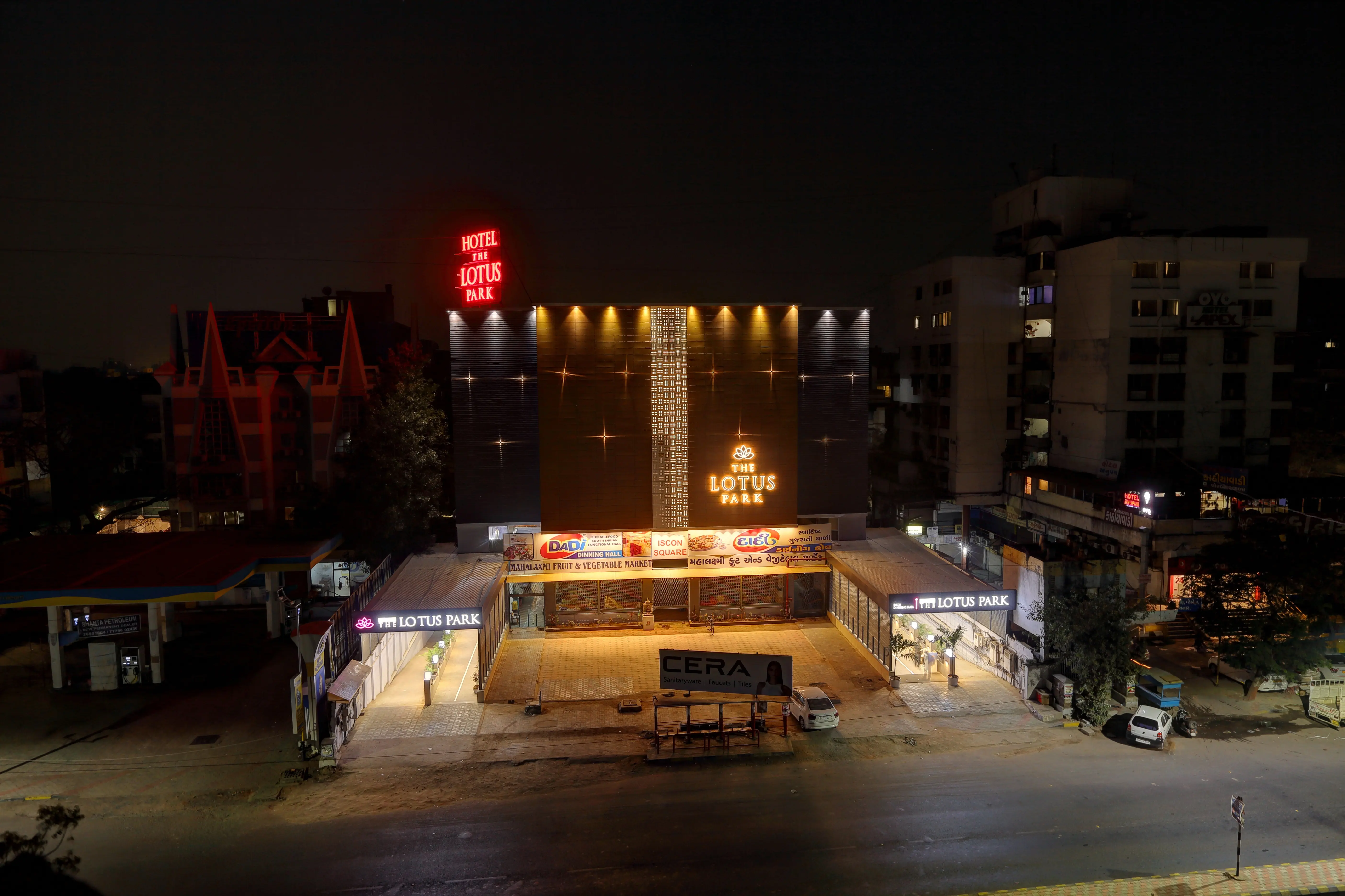 Modern hotel building exterior at night